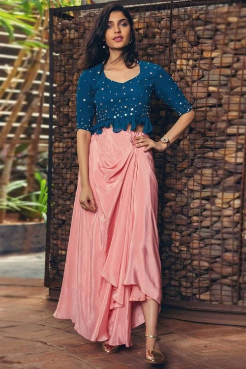 Salmon Pink Satin Indo Western Lehenga