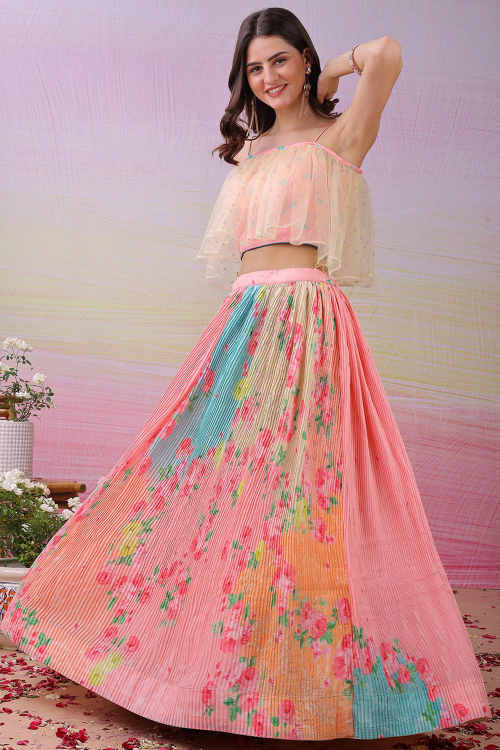 Salmon Pink Satin Silk Flared Lehenga With Printed Work