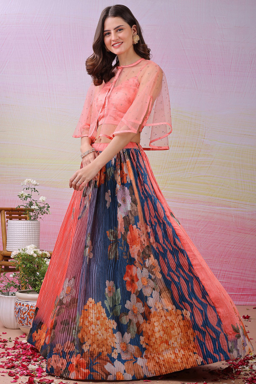 Salmon Pink Satin Silk Flared Lehenga With Printed Work