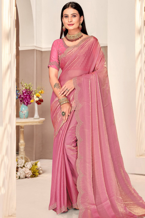 Salmon Pink Satin Silk Saree With Stone Work For Diwali 