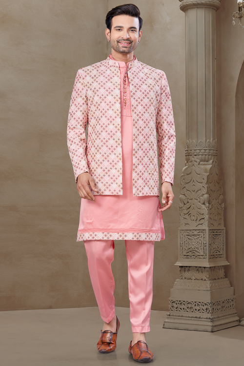 Salmon Pink Silk Embroidered Jacket Style Men's Kurta Pajama 