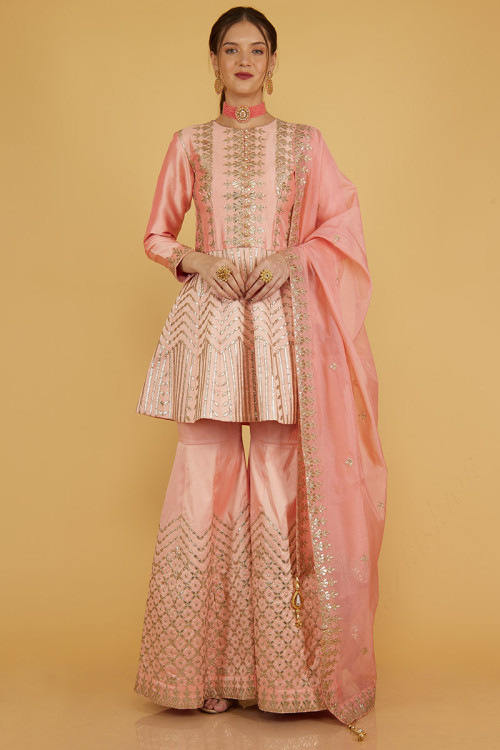Salmon Pink Silk Embroidered Sharara Suit for Eid