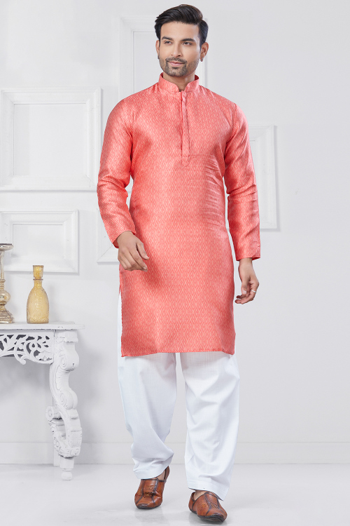 Salmon Pink Silk Handloom Straight Cut Men's Kurta With Salwar