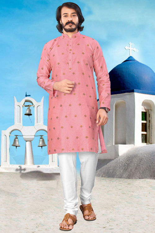 Salmon Pink Silk Straight Cut Men Kurta Pajama