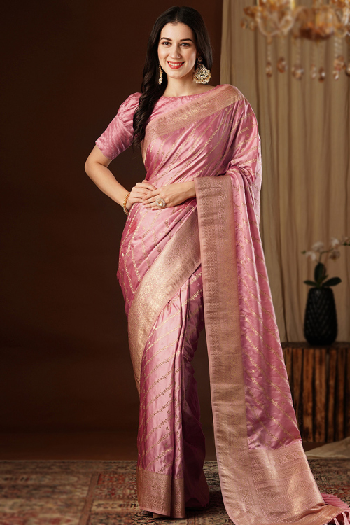 Salmon Pink Silk Saree with Zari and Broad Border