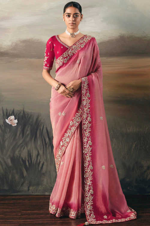 Salmon Pink Tissue Silk Dori Embroidered Shimmer Saree 