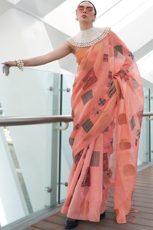 Salmon Pink Weaved Silk Lightweight Casual Wear Saree 