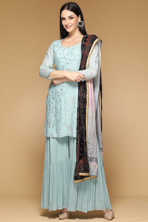 Sapphire Blue Dupion Embroidered Palazzo Pant Suit for Eid