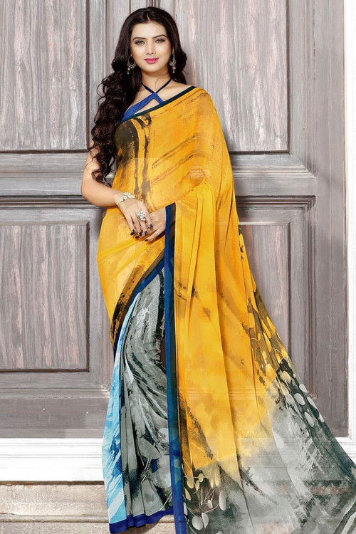 Stylish Yellow And Grey Georgette Floral Saree