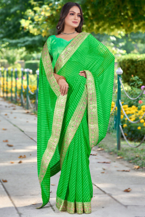 Saree Georgette Light Green with Lace Embroidery for Mehndi