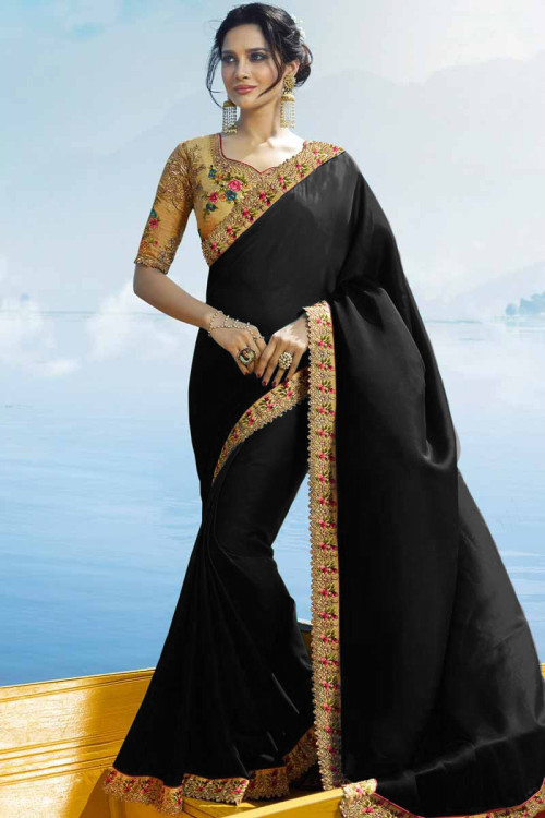Black color Silk Base Fabulous Looking Plain Saree With Silk Weave Work