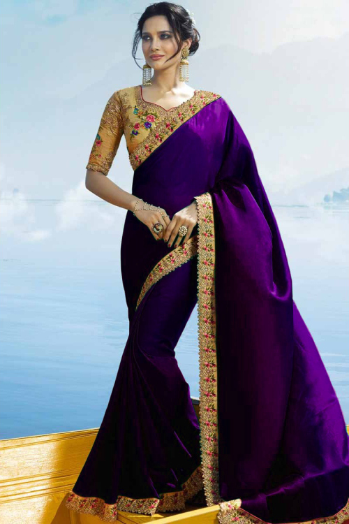 Dark Violet Saree with Beige Blouse