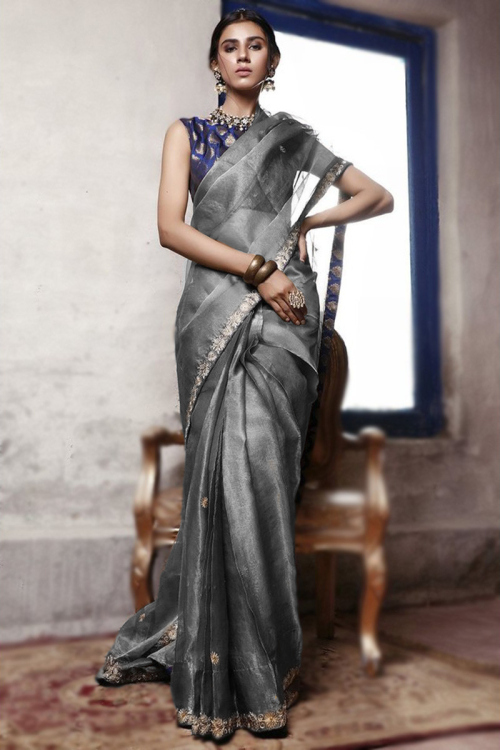 Aari Lace Border Tissue Organza Copper Dark Grey Saree