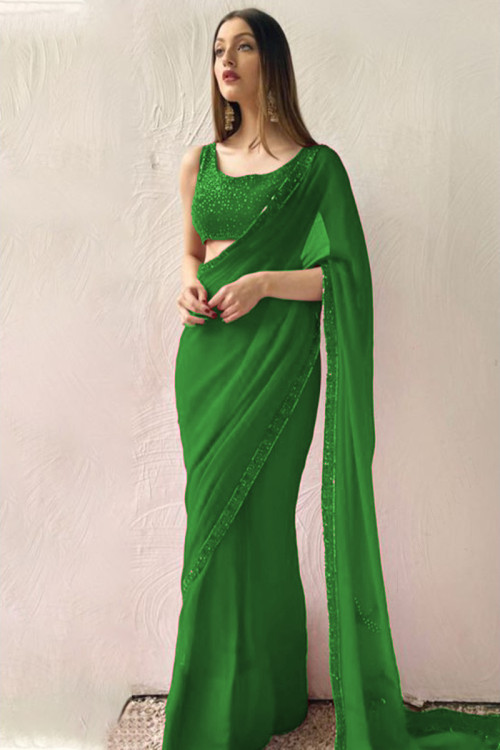 Sequins Embroidered Chiffon Party Wear Forest Green Saree