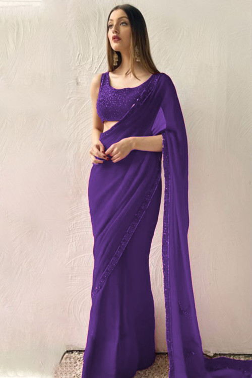 Sequins Embroidered Chiffon Party Wear Voilet Purple Saree