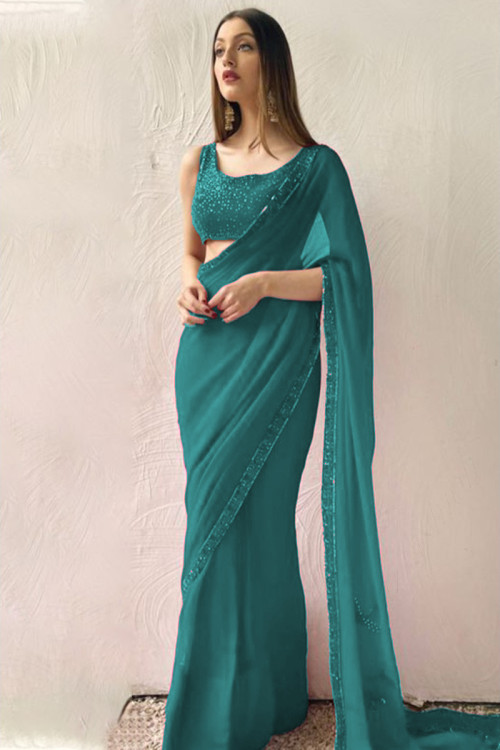 Sequins Embroidered Chiffon Party Wear Teal Blue Saree