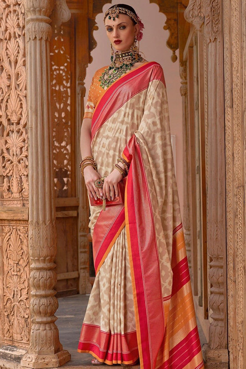 Cream Art Silk Printed Broad Border Saree 