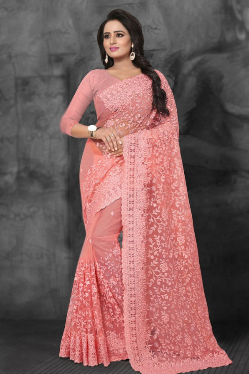 Punch Pink Net Pearl Embroidered Light Weight Saree