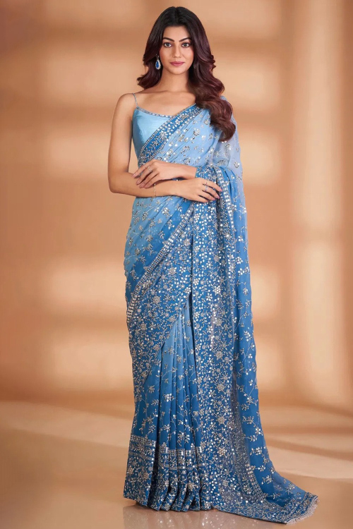 Light Blue Sequins Embroidered Omber Georgette Saree 