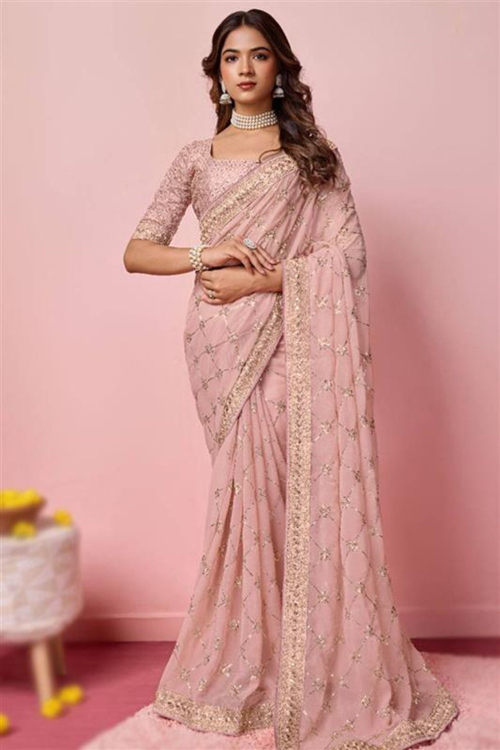 Blush Pink Georgette Zari Embroidered Light Weight Saree