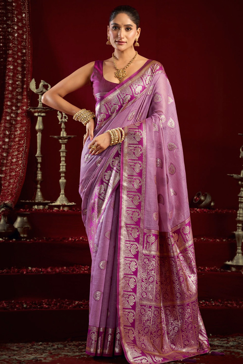 Mauve Cotton Silk Saree With Woven Zari Work For Festival