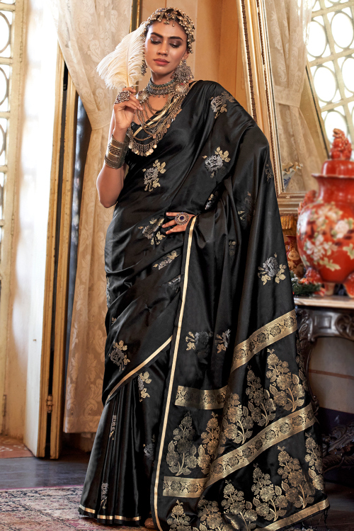 Satin Black Woven Zari Light Weight Saree