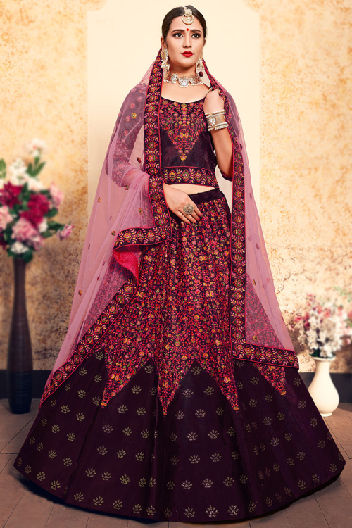 Satin Burgundy Maroon Embroidered Panelled Lehenga