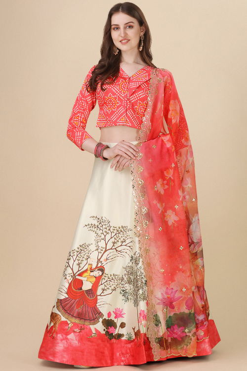 Satin Cream Beige Printed A Line Lehenga