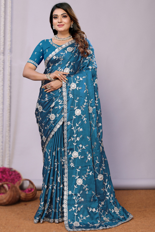 Satin Embroidered Sea Blue Light Weight Saree