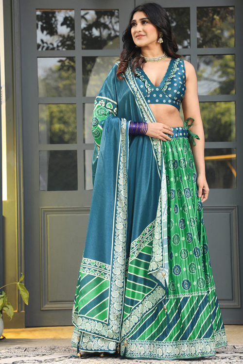 Satin Green Printed Flared Lehenga