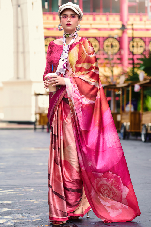 Satin Hot Pink Printed Casual Wear Saree 