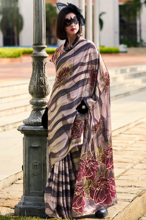 Satin Light Beige Printed Casual Wear Saree