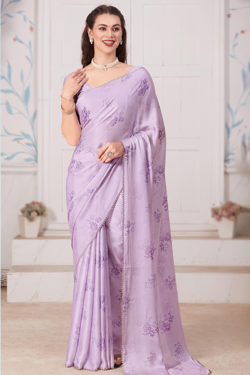 Satin Light Purple Printed Light Weight Saree