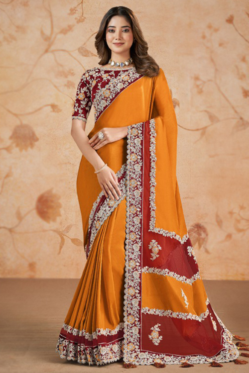 Satin Orange Saree with Sequins Work for Wedding and Diwali