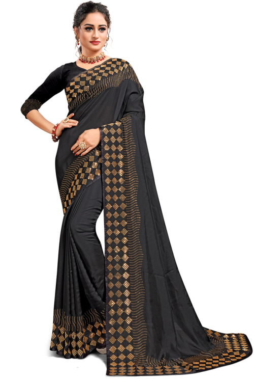 Satin Party Wear Saree In Black Color