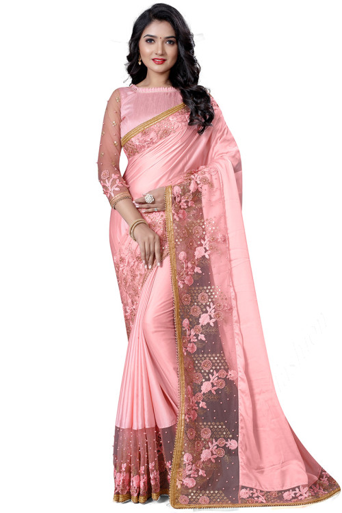 Satin Party Wear Saree In Rose Pink Color