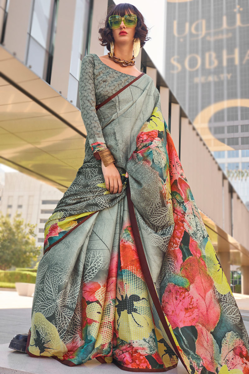 Satin Printed Dark Grey Light Weight Saree 