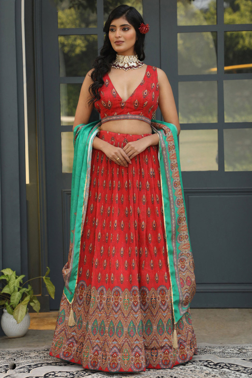 Satin Red Printed Flared Lehenga