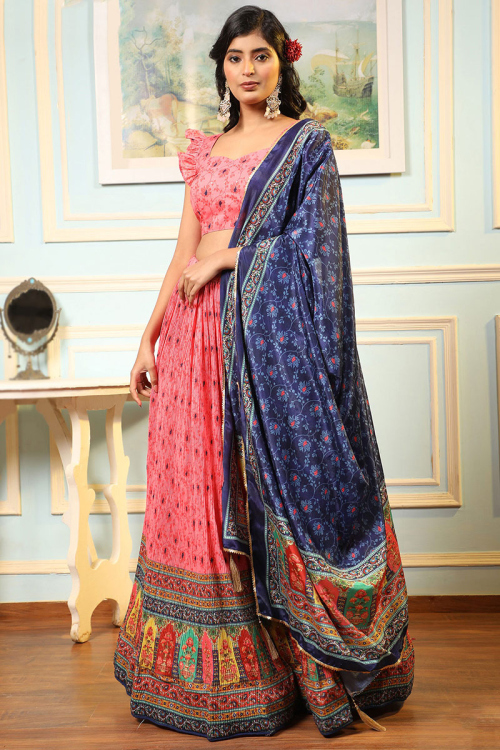 Satin Salmon Pink Printed Flared Lehenga