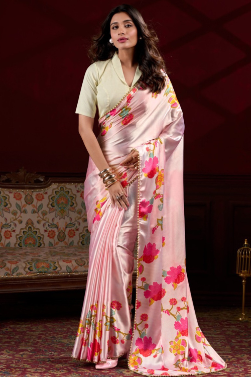 Satin Saree in Pastel Pink colour with Printed for Festival 