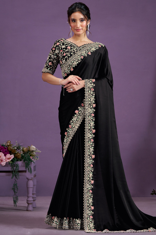 Satin Silk Black Dori Embroidered Light Weight Saree