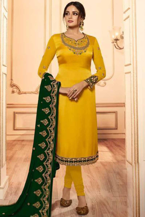 Satin Silk Churidar Suit In Turmeric Yellow Color