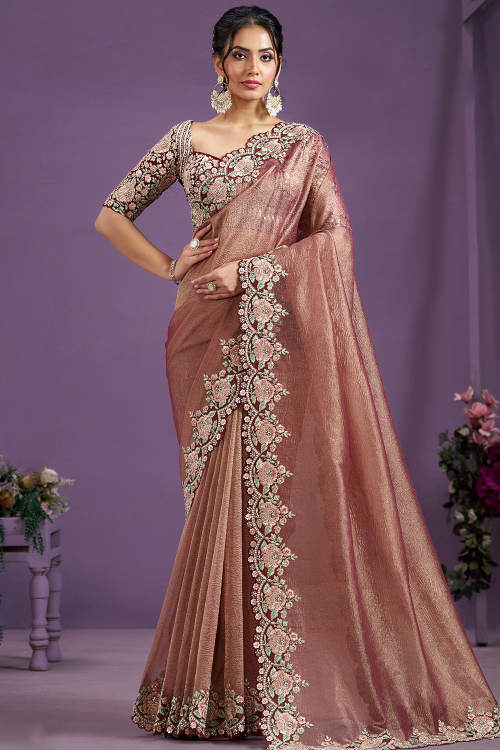Tissue Silk Dusty Peach Dori Embroidered Light Weight Saree