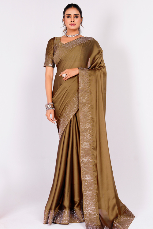 Satin Silk Light Brown Stone Embellished Light Weight Saree
