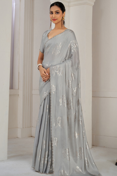Satin Silk Light Grey Foil Print Light Weight Saree 
