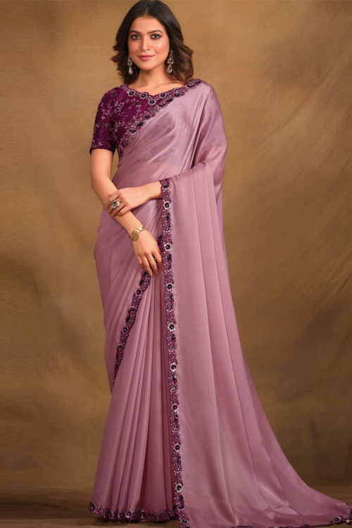 Satin Silk Mauve Pink Lace Embroidered Light Weight Saree