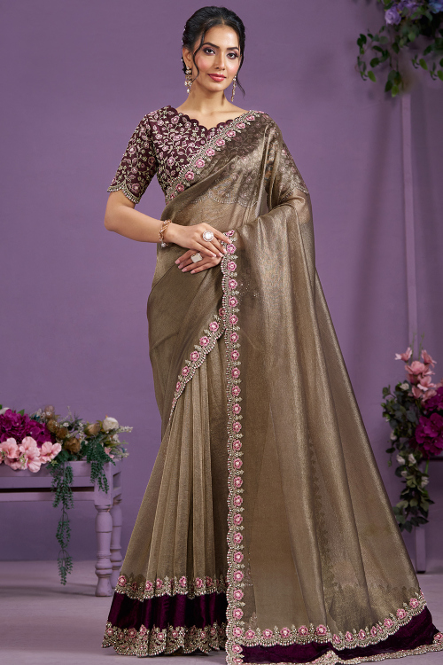 Satin Silk Olive Brown Dori Embroidered Light Weight Saree