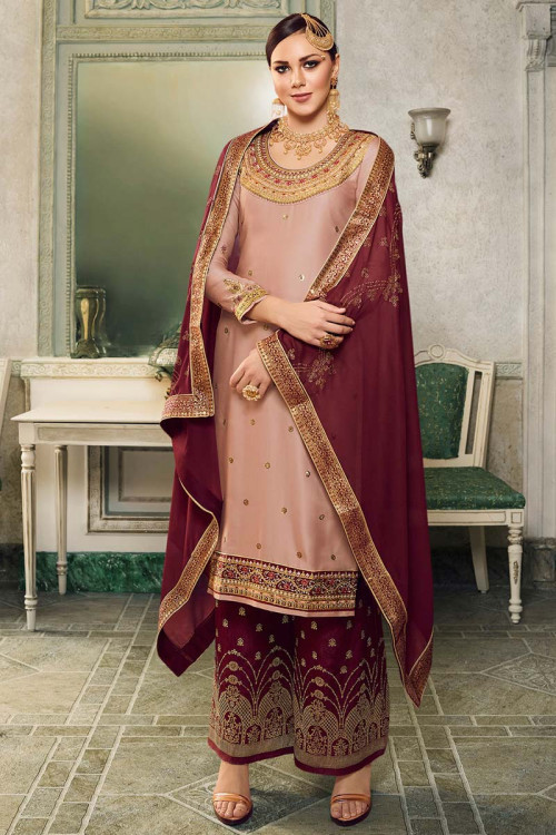 Satin Silk Pakistani Palazzo Suit In Pastel Pink Colour