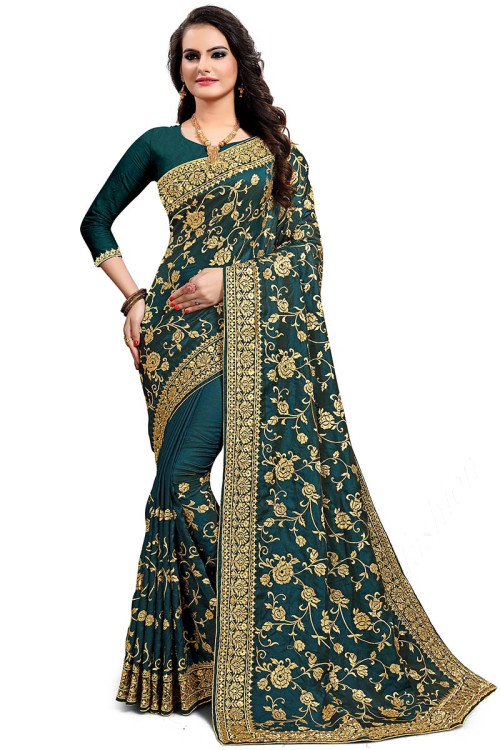 Satin Silk Party Wear Saree In Prussian Green Color