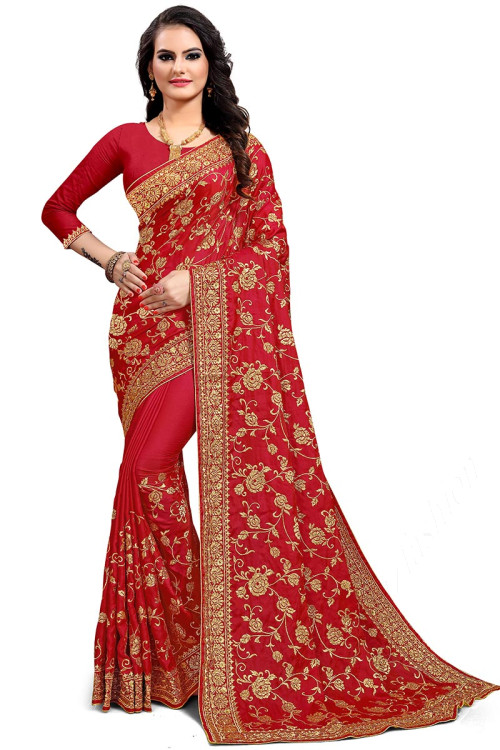 Satin silk Saree with blouse in Red color